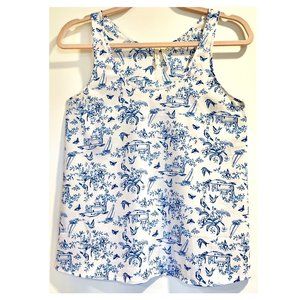 Blue & White Toile Blouse ~ sleeveless ~ bluebirds butterflies sailboats